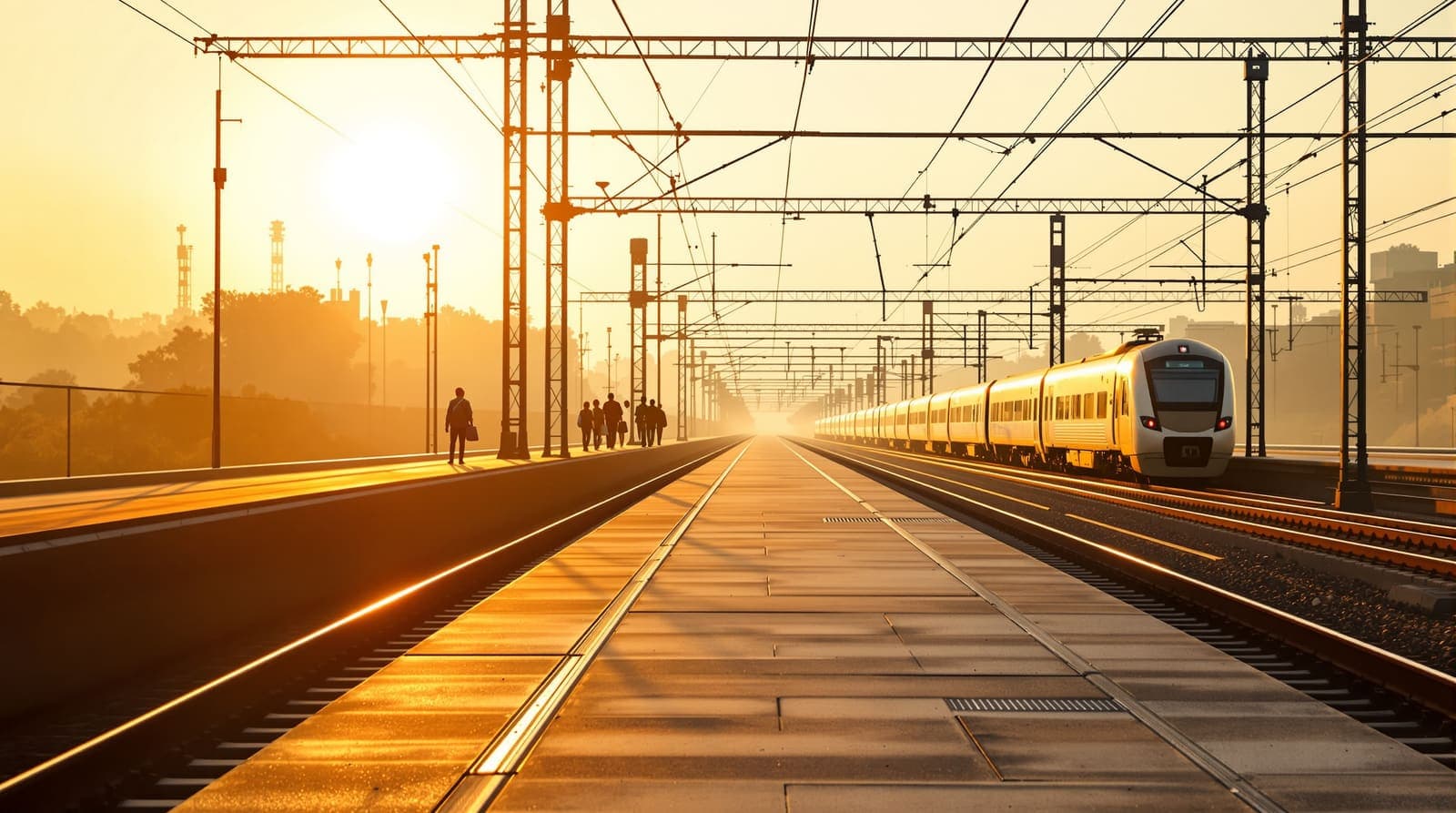 Illustration of an empty station platform edge at golden hour with sunlit rails, overhead wires, back-turned commuters and a small distant train in side profile.