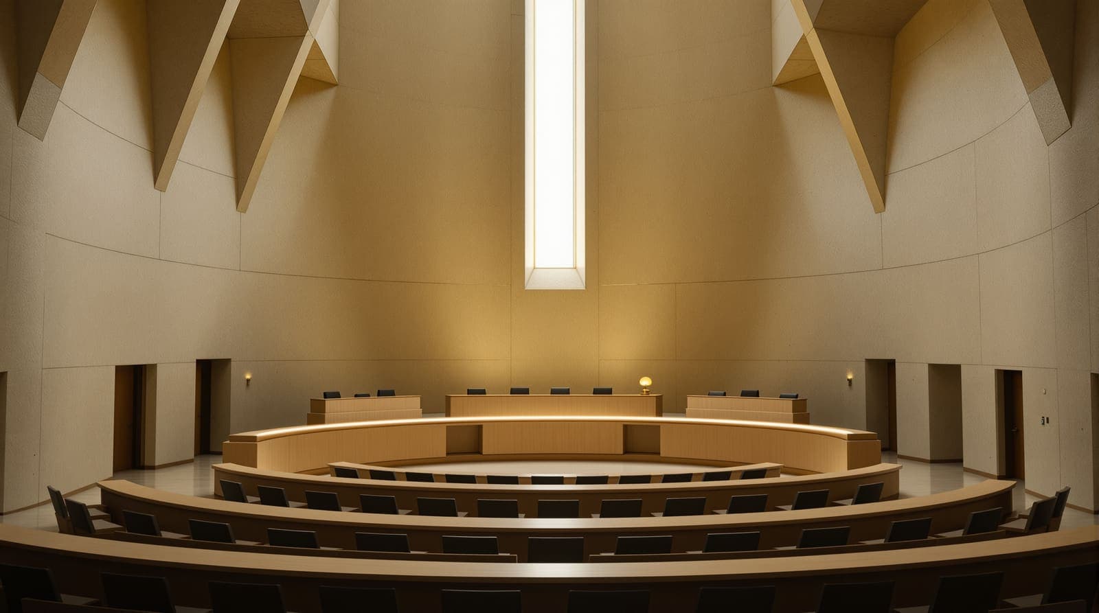 Illustration of an empty modern courtroom with a curved judges' bench seen from the public gallery at dusk.