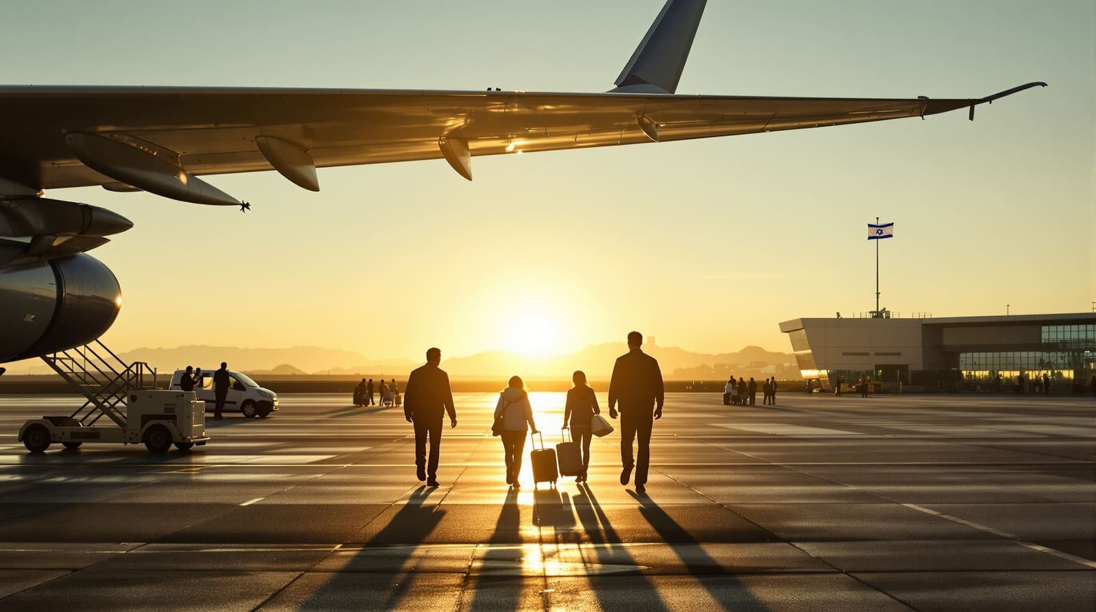 Illustration of families seen from behind crossing airport tarmac with suitcases at golden hour beneath the silhouette of a jet's wing.