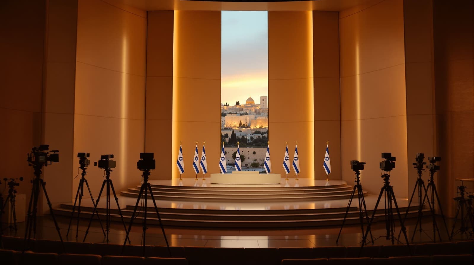 Illustration of an empty Jerusalem summit stage with broadcast cameras, a plain podium and Israeli flags, the city skyline visible through a window at dusk.