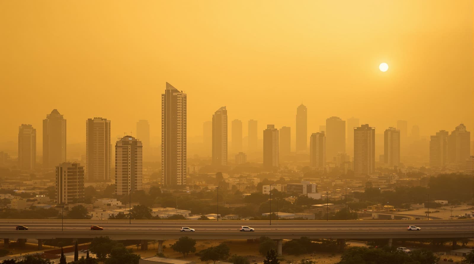 Illustration of a city skyline shrouded in thick orange dust haze with the sun reduced to a pale disc.
