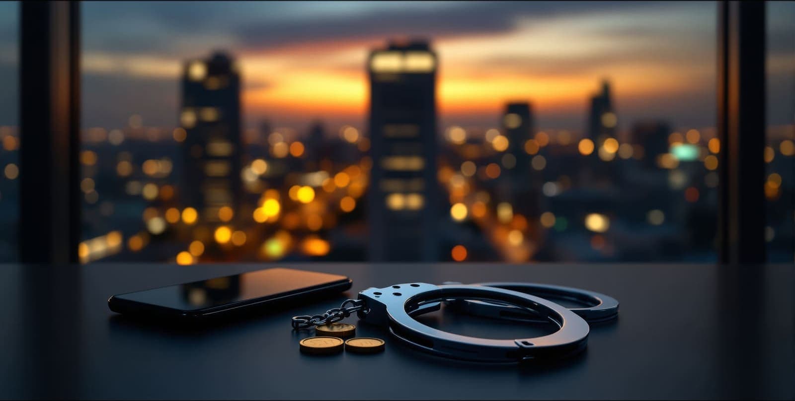 Illustration of handcuffs, a face-down smartphone and unmarked gold coins on a desk in front of a blurred city skyline at dusk.