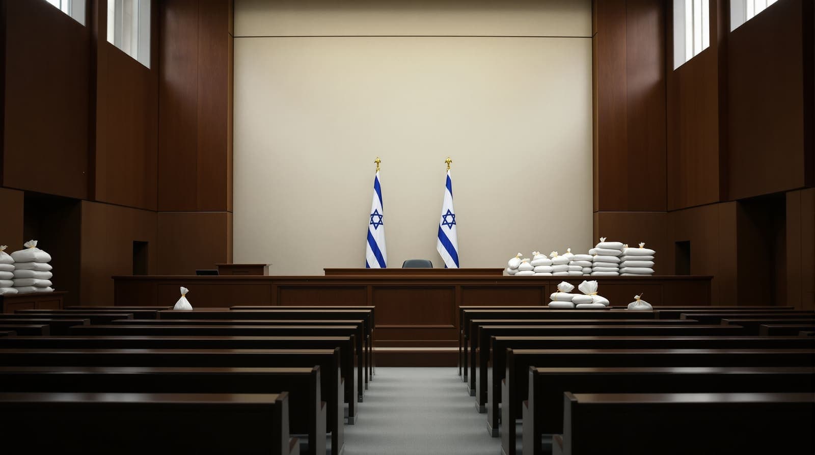 Illustration of an empty courtroom with a single Israeli flag beside the bench and sealed white evidence sacks stacked by the counsel tables, representing the Nazareth city finances indictment.
