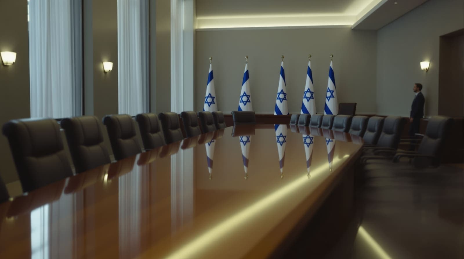 Illustration of an empty cabinet room seen at an angle from a gallery, with a bare polished table, vacant chairs and Israeli flags.