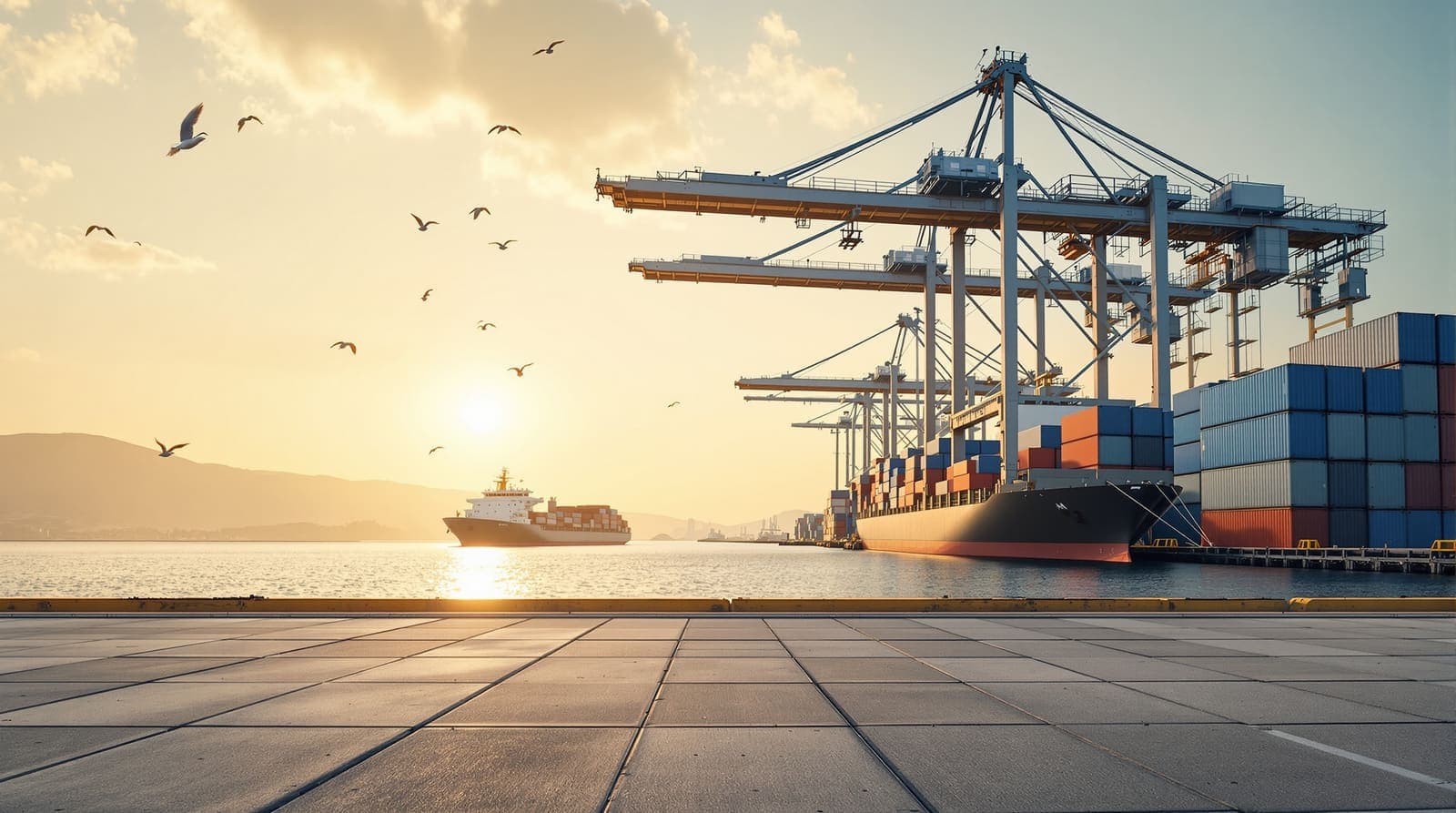 Illustration of gantry cranes and stacked shipping containers on a port quay at golden hour, a distant container ship steaming toward the horizon.