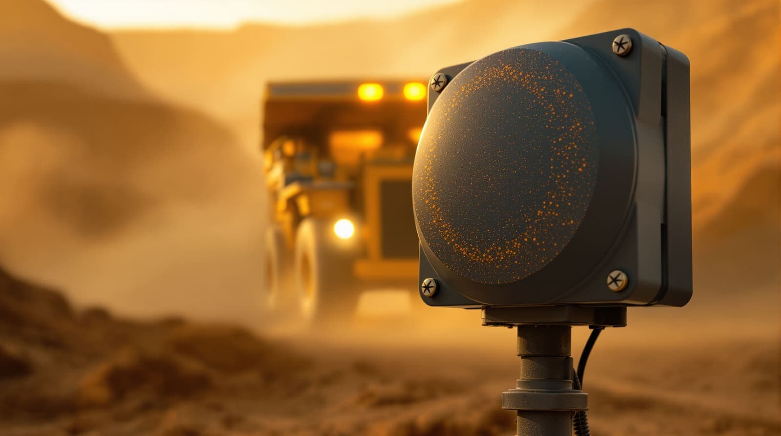 Illustration of a compact radar sensor in sharp focus with a mining haul truck silhouetted in heavy dust behind it, representing Arbe's imaging radar.