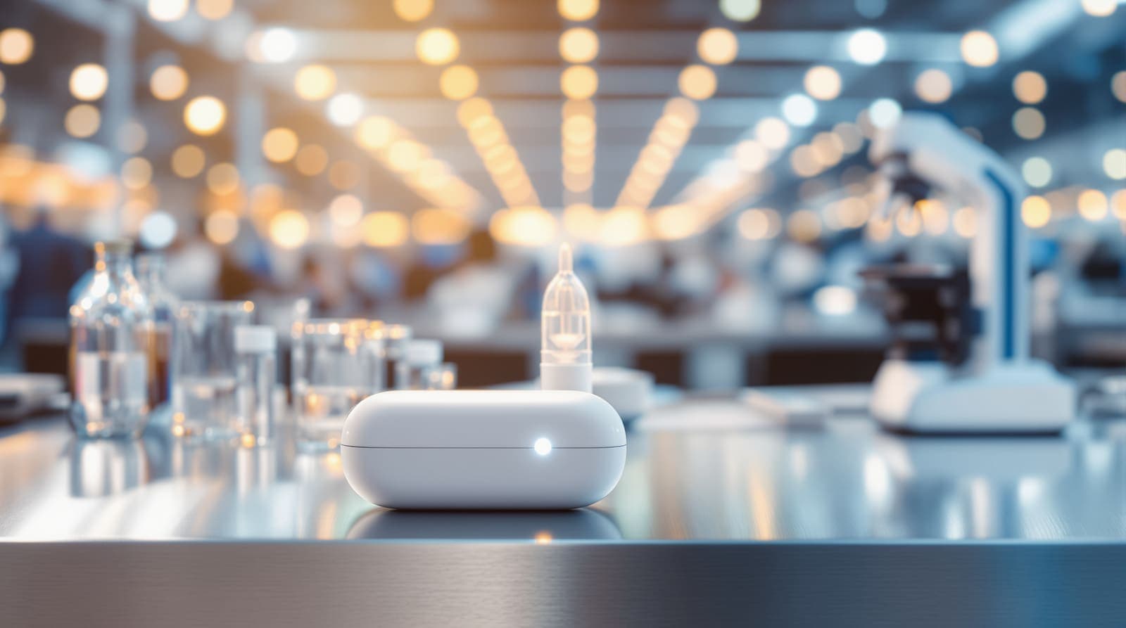 Illustration of a small breath-analysis medical device with a clear tube on a lab bench, an exhibition hall blurred behind it.