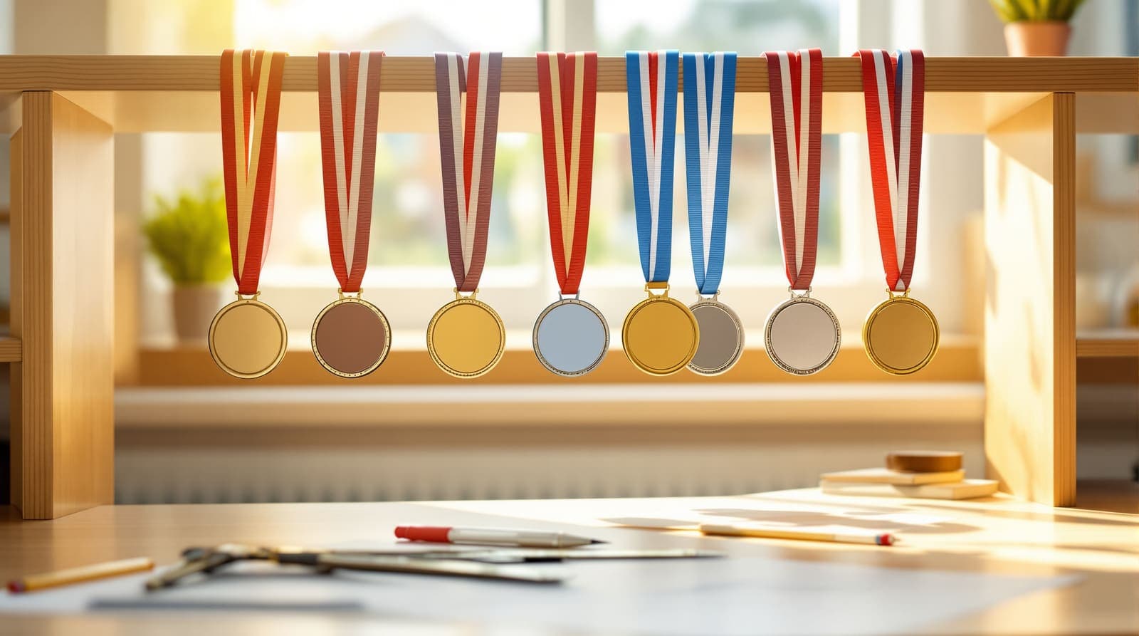 Illustration of six medals on ribbons, four gold and two silver, hanging in a row above a desk with a geometry compass and pencil-arc worksheets.
