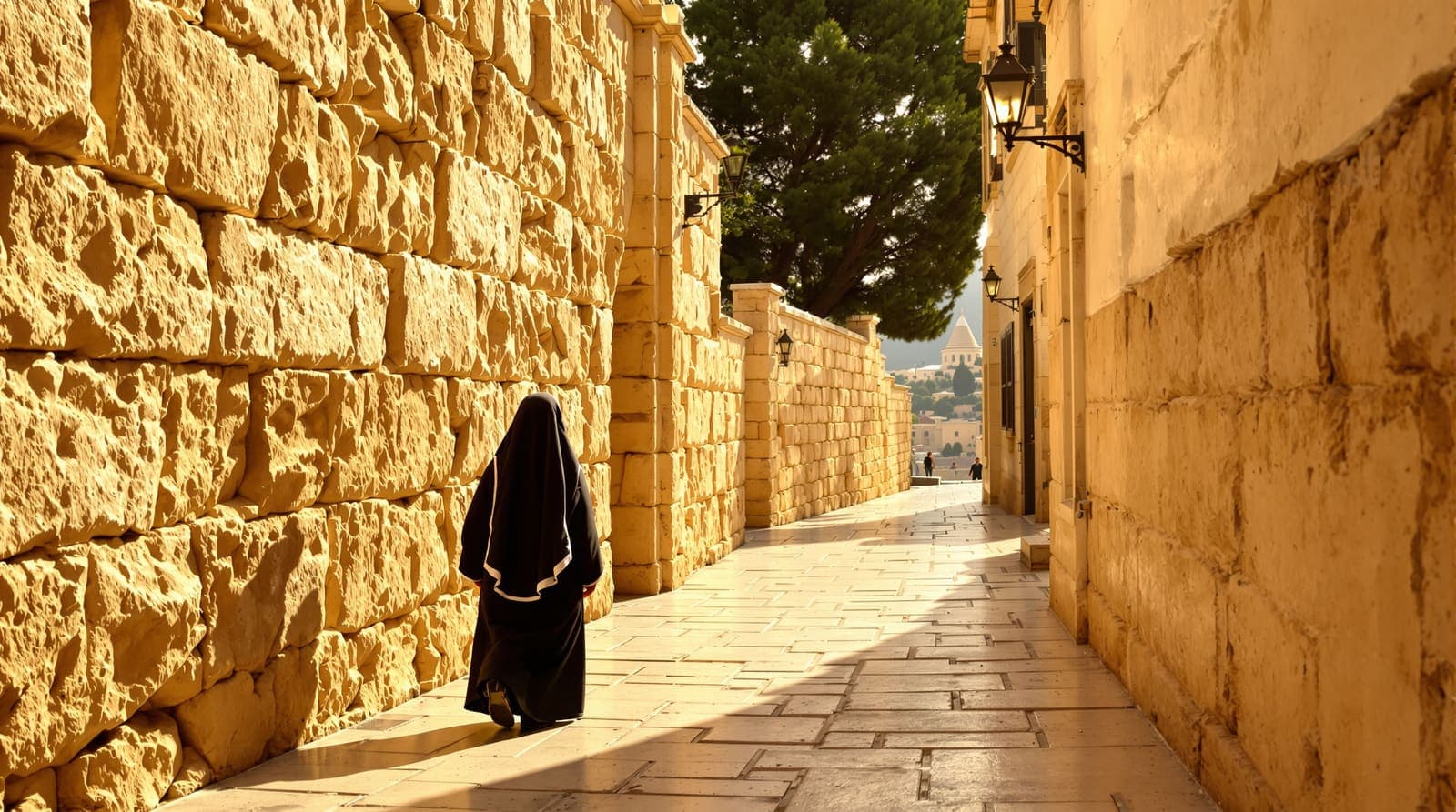 Illustration of a nun seen from behind walking along an old stone alley on Mount Zion in morning light.