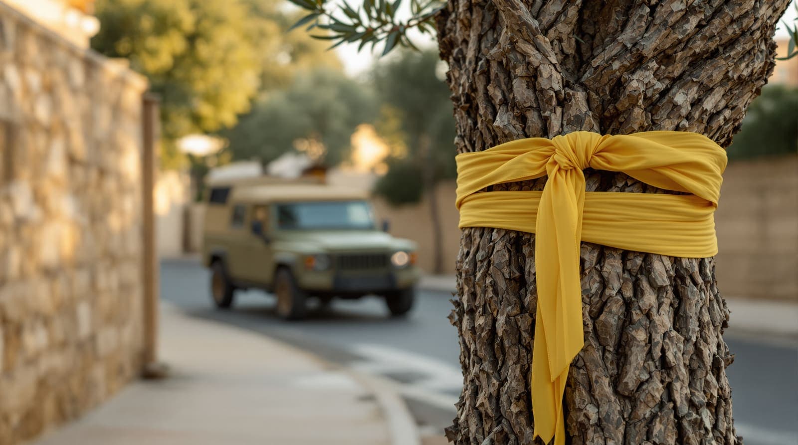 Illustration of a yellow ribbon tied around an olive tree outside a stone house, with a military car parked on the street beyond.