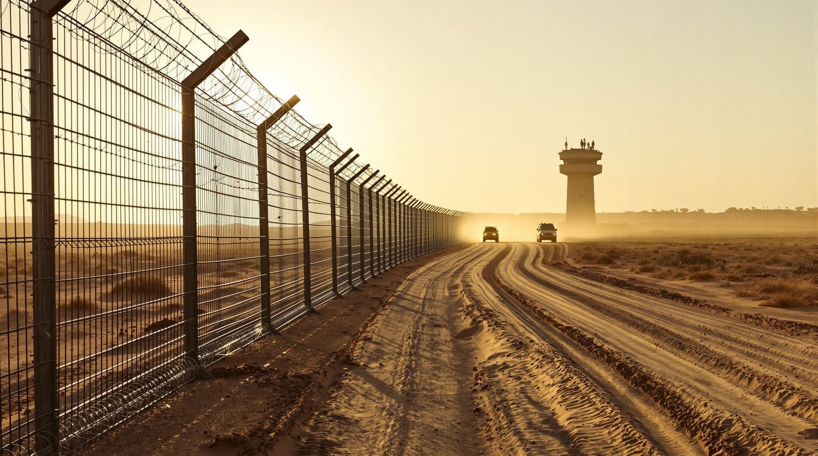 Illustration of the Gaza border fence with razor wire, a sandy patrol road and a distant watchtower at first light.