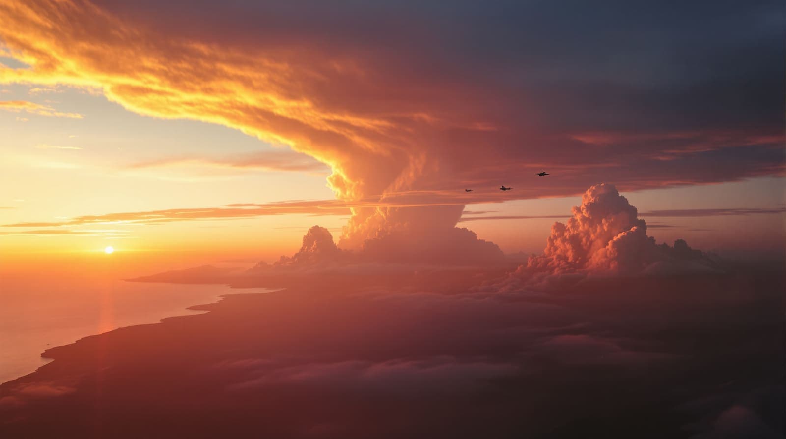 Illustration of two small distant fighter-jet silhouettes crossing an amber dusk sky side-on, contrails curving behind them over hazy coastal terrain.