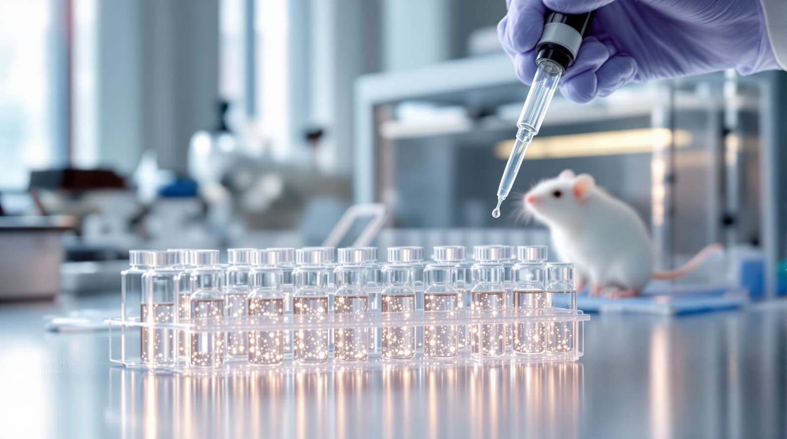 Illustration of a gloved researcher pipetting into vials of milky solution in a lab with a white mouse blurred in the background.