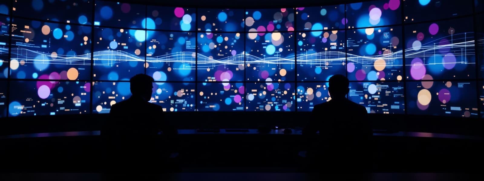 Illustration of two silhouetted analysts at a console facing a wall of screens blurred into colorful bokeh glow and waveform traces.