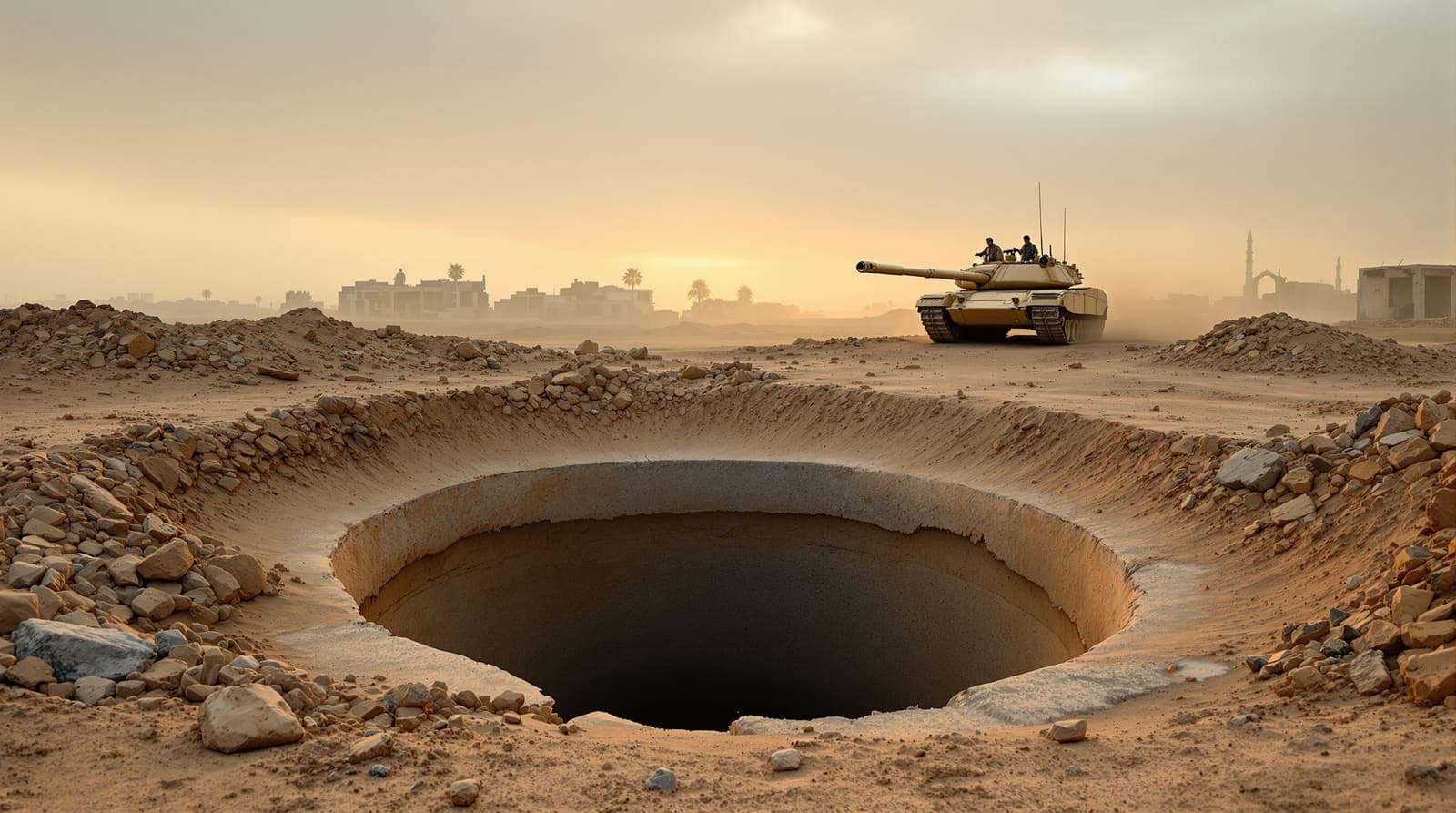Illustration of a narrow tunnel shaft opening in sandy ground near Rafah, with a tank standing at a distance.