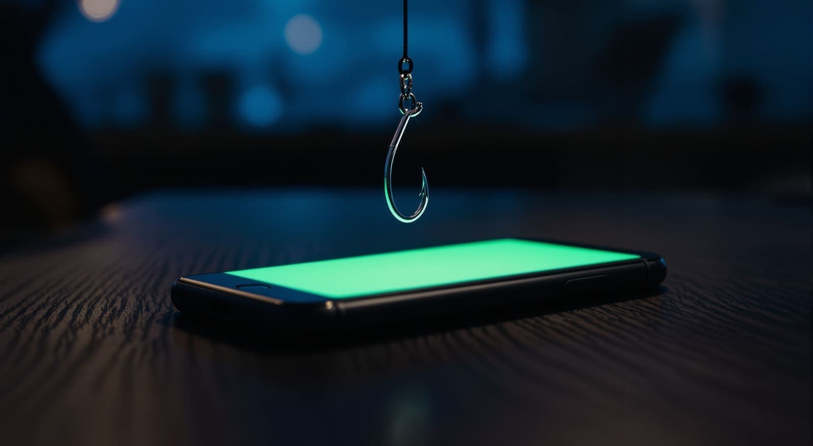Illustration of a fishing hook dangling above a glowing smartphone on a desk, symbolizing a targeted phishing lure.