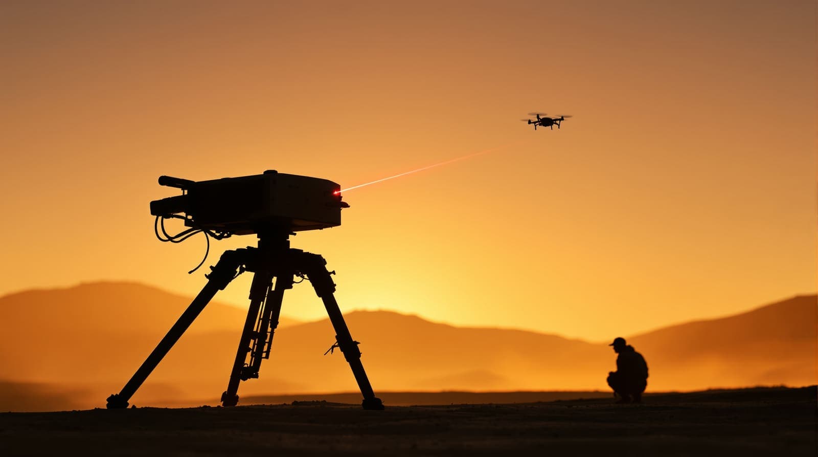 Illustration of a silhouetted tripod-mounted laser turret aimed at a small drone hovering in a dusk sky over desert terrain.