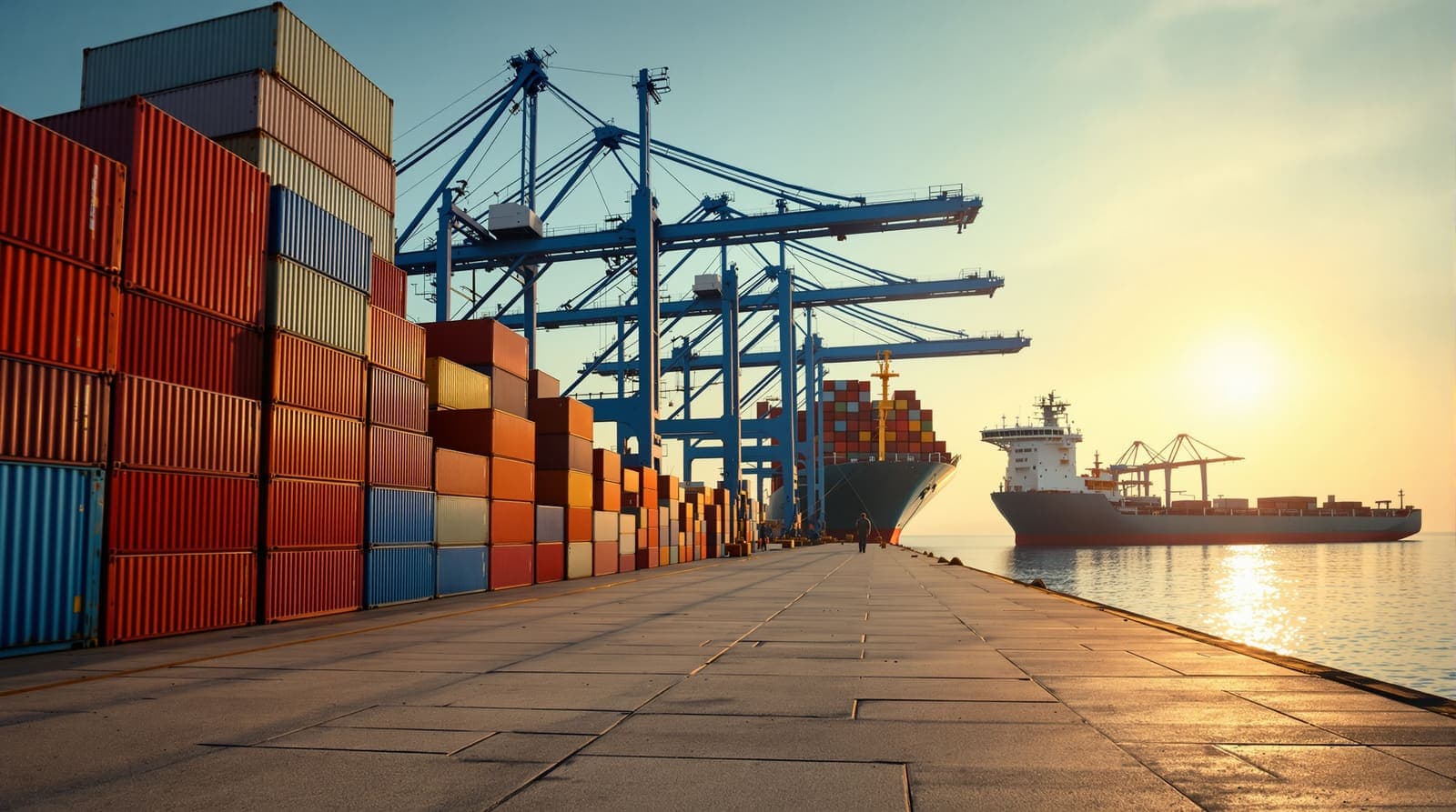Illustration of gantry cranes and stacked shipping containers beside a cargo ship at a Mediterranean port at golden hour.