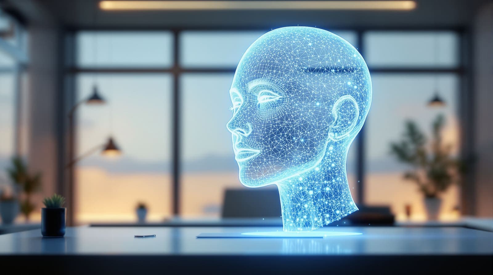 Illustration of a glowing holographic digital human avatar forming above a desk in a modern tech studio.