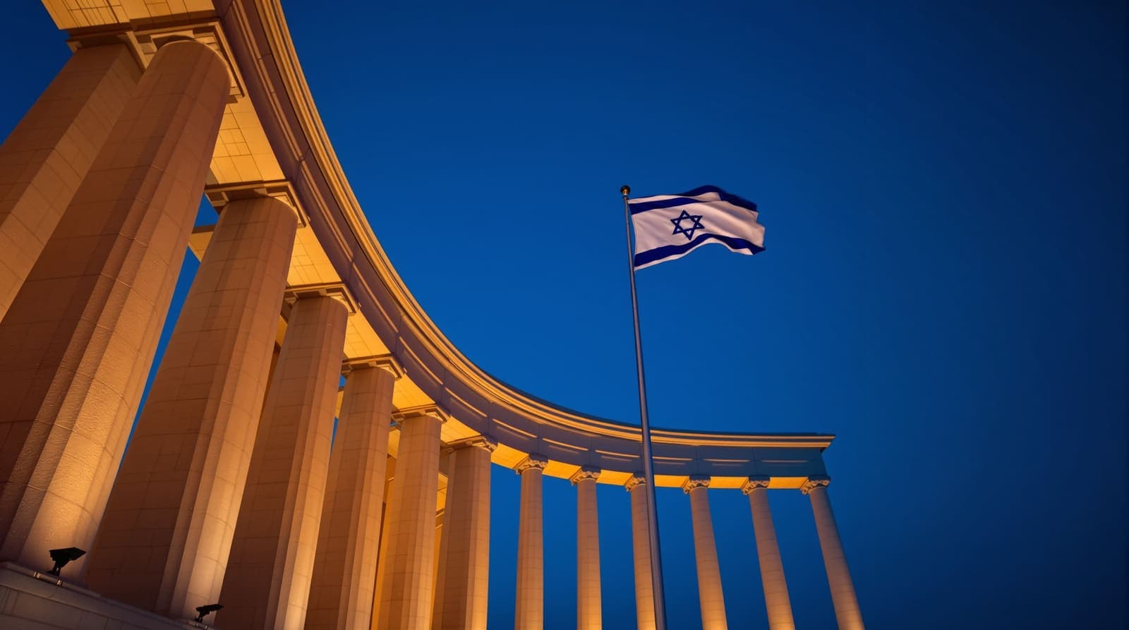 Illustration of an Israeli flag on a tall pole at dusk before soft out-of-focus neoclassical column shafts.