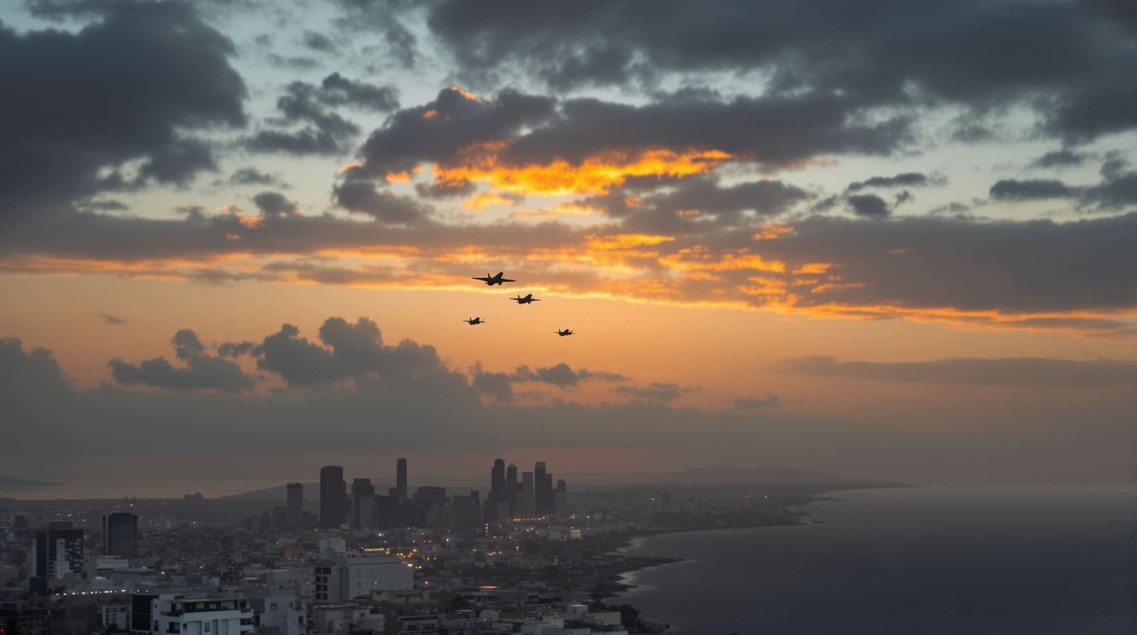 Illustration of two fighter jets silhouetted high over the sea at dusk, contrails glowing, with Beirut's coastline hazy below.