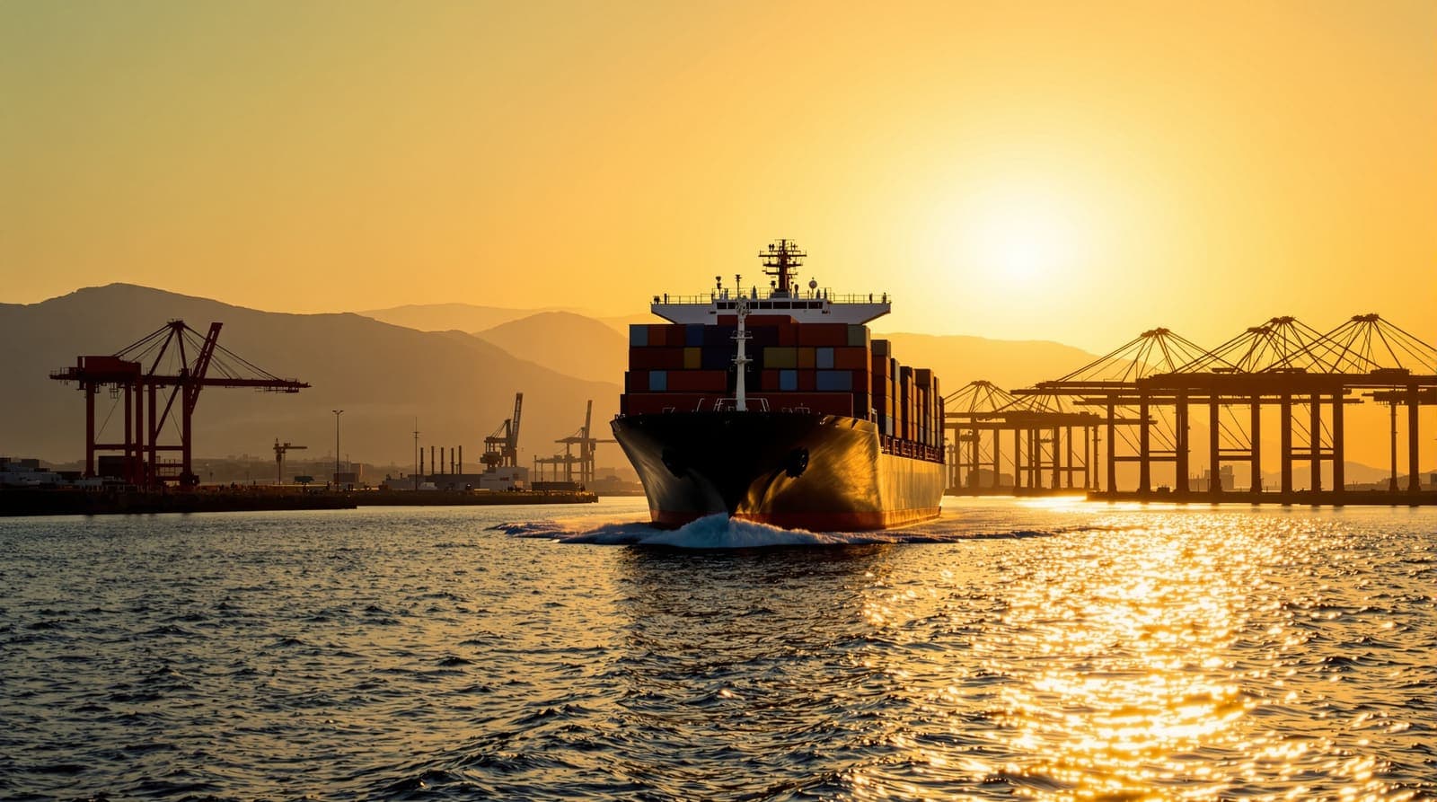 Illustration of a container ship silhouetted against sun-glared water as it leaves a crane-lined bay at dusk.