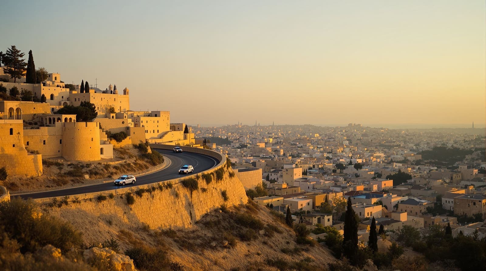Illustration of distant white vehicles with blue emergency lights on a hillside road above Jerusalem limestone rooftops at dawn.