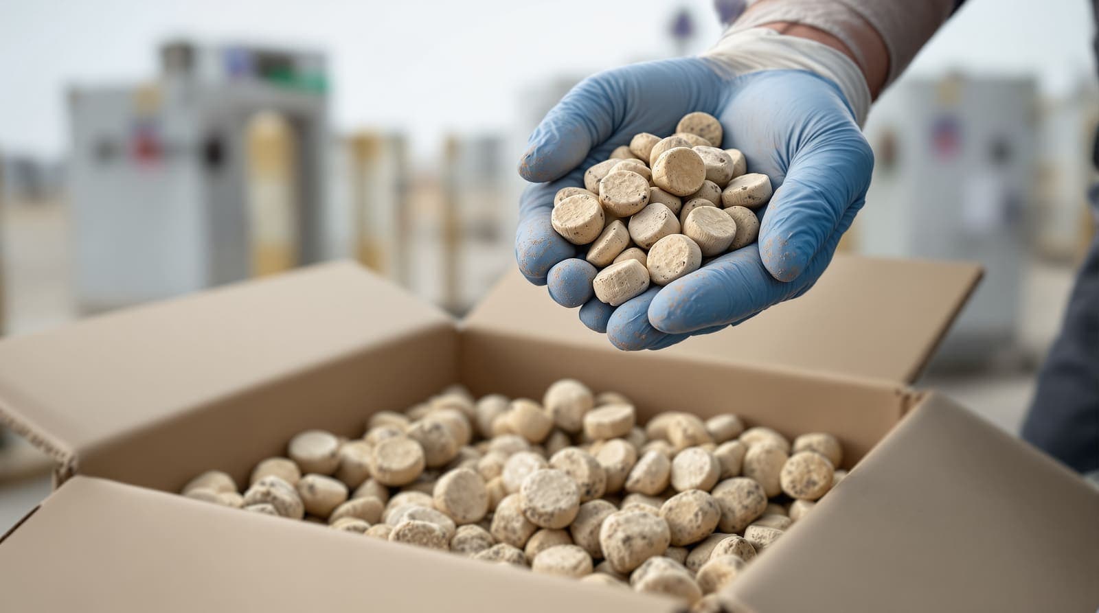 Illustration of a gloved hand holding ancient coins entirely covered in thick dried earth, above a box of similar crusted lumps, with checkpoint barriers blurred behind.