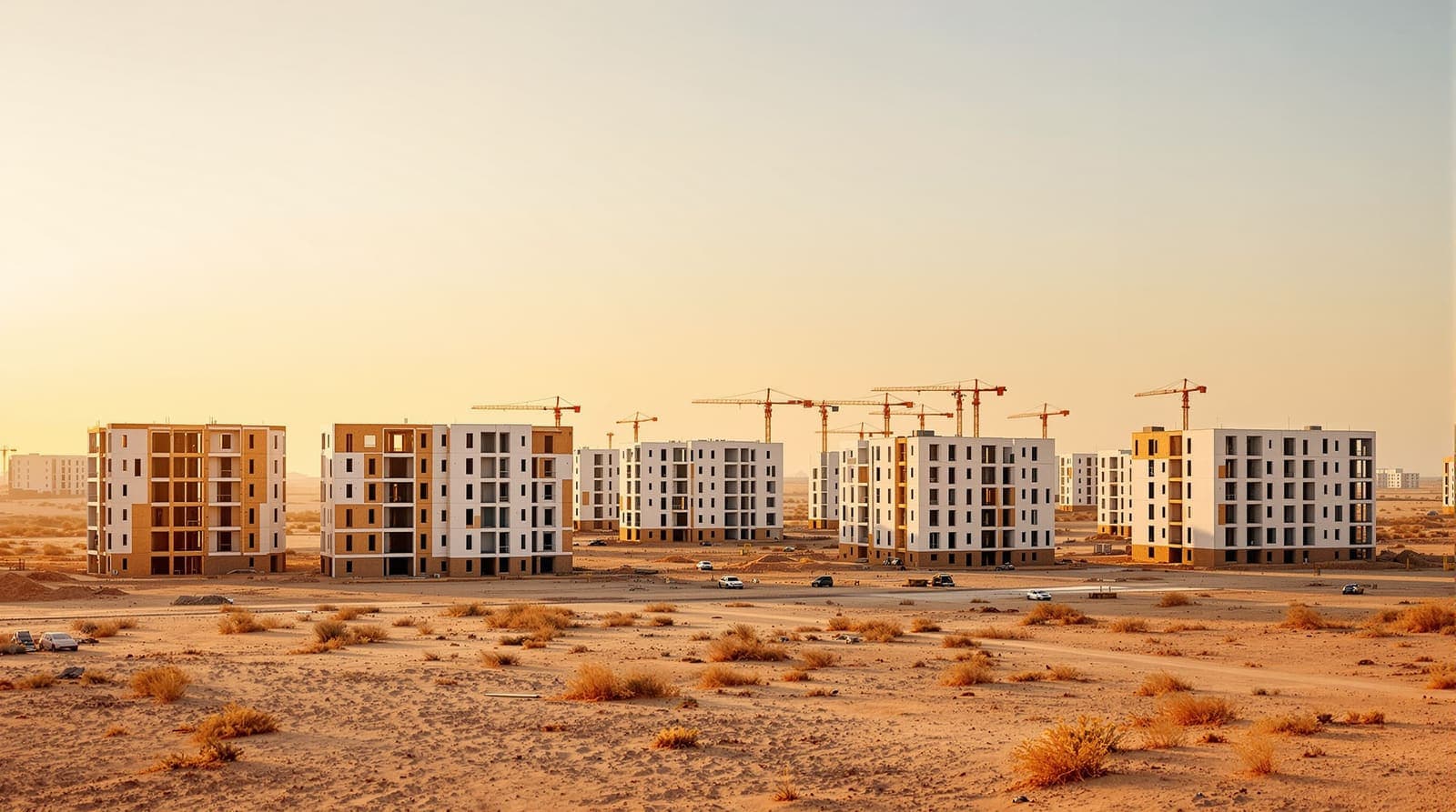 Illustration of distant cranes and unfinished apartment blocks at the edge of a desert town, seen across open scrubland at golden hour.