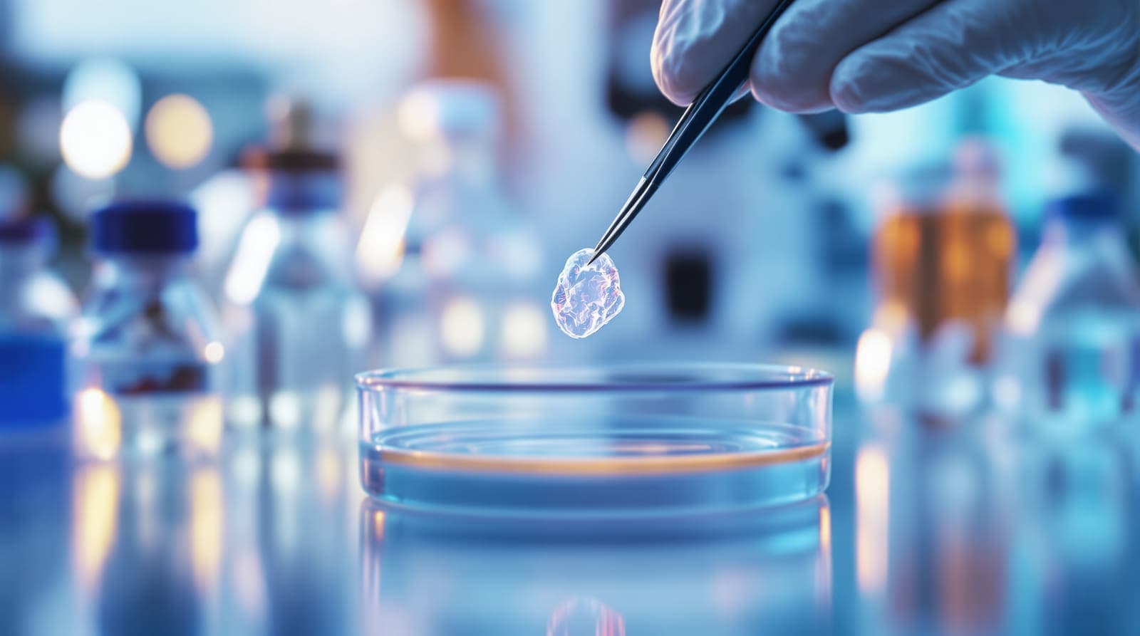 Illustration of gloved hands lifting a small translucent tissue scaffold from a petri dish in a laboratory.