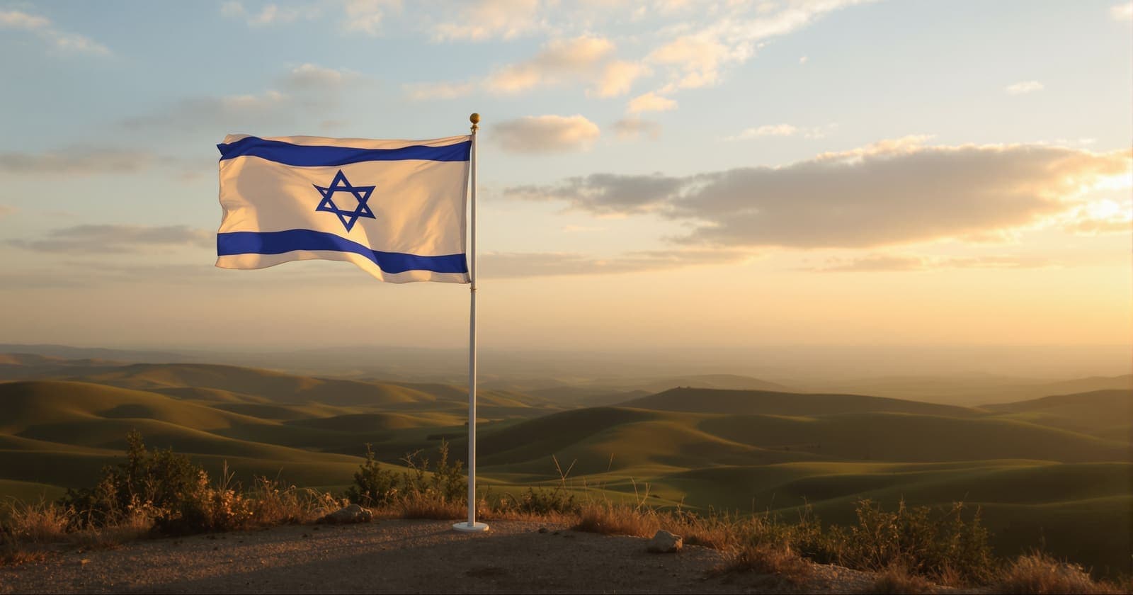 Illustration of an Israeli flag flying over a hilltop border position at sunrise, with the green hills of southern Lebanon beyond.