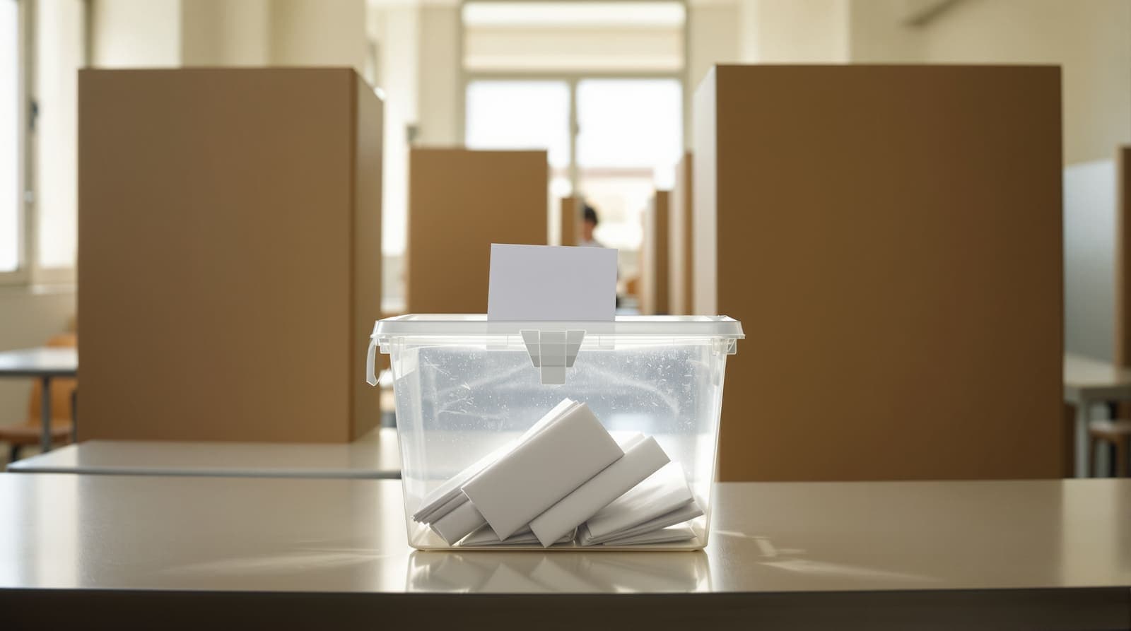 Illustration of a translucent ballot box and plain cardboard voting booths in a sunlit polling station hall.
