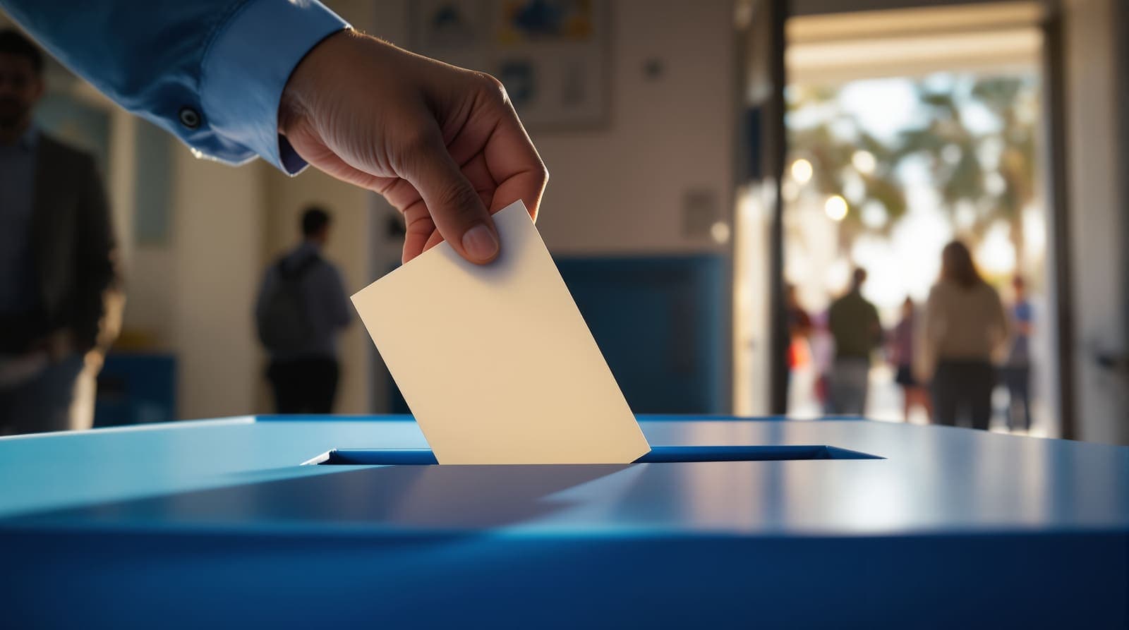 Illustration of a hand placing a sealed white envelope into the slot of a plain blue ballot box at a polling station.