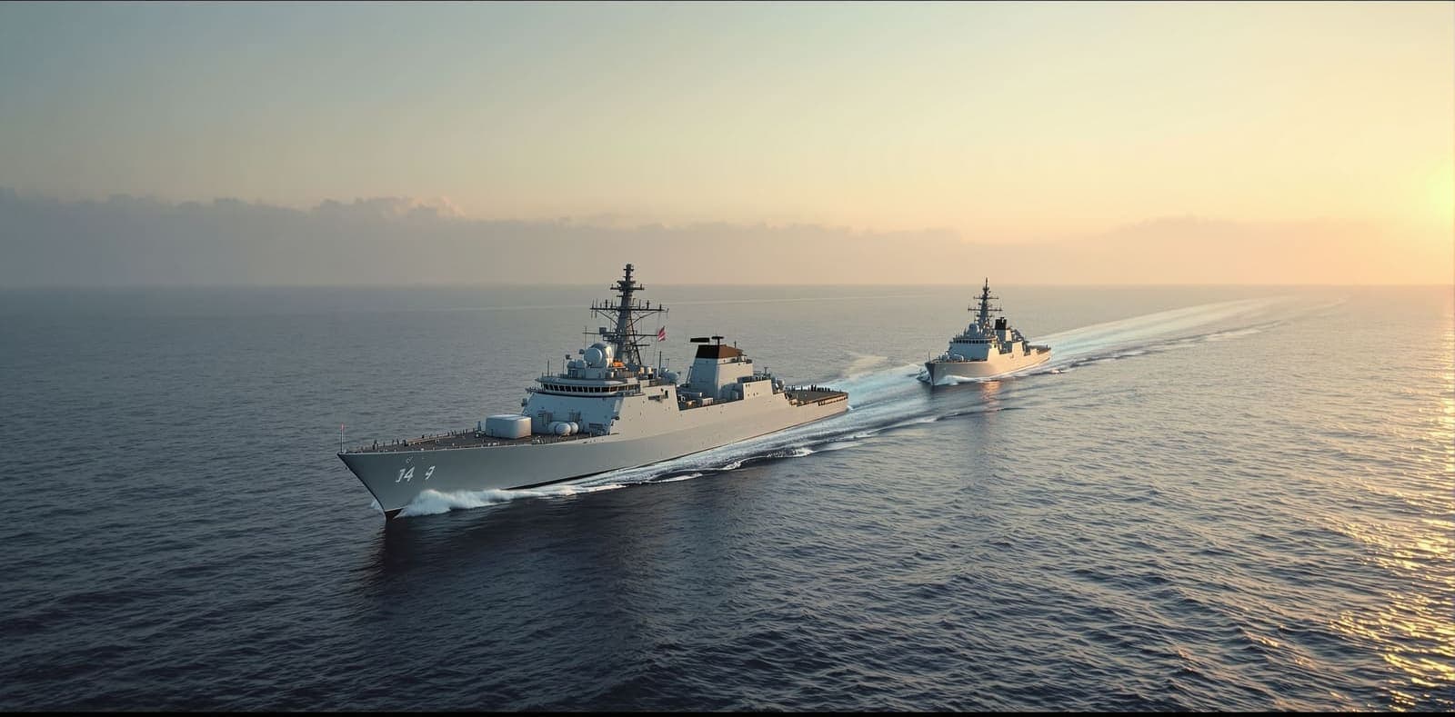 Illustration of two grey naval frigates steaming in formation on open Mediterranean water at dawn.
