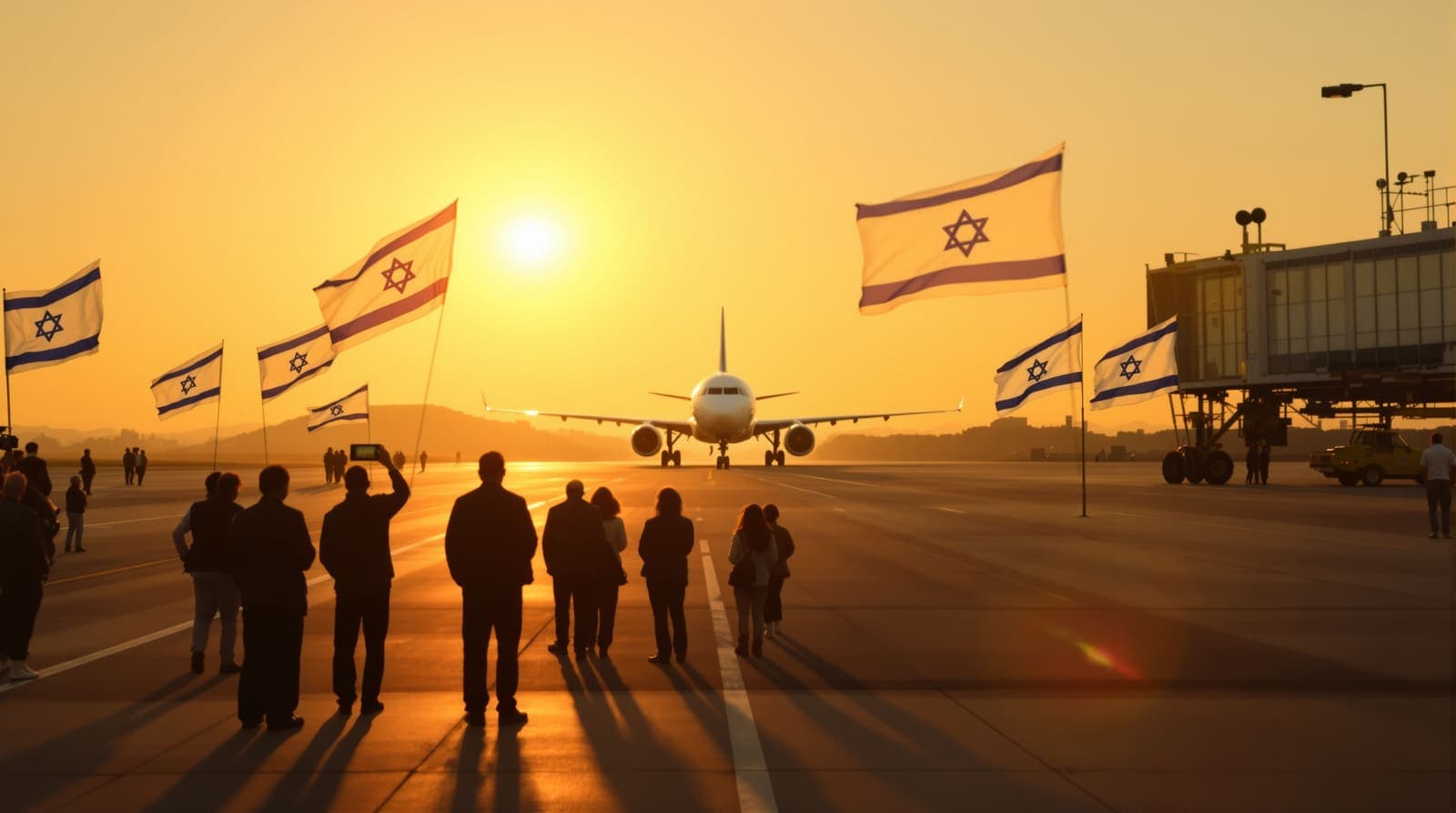 Illustration of silhouetted greeters holding Israeli flags on an airport apron as a distant airliner taxis toward them at golden hour.