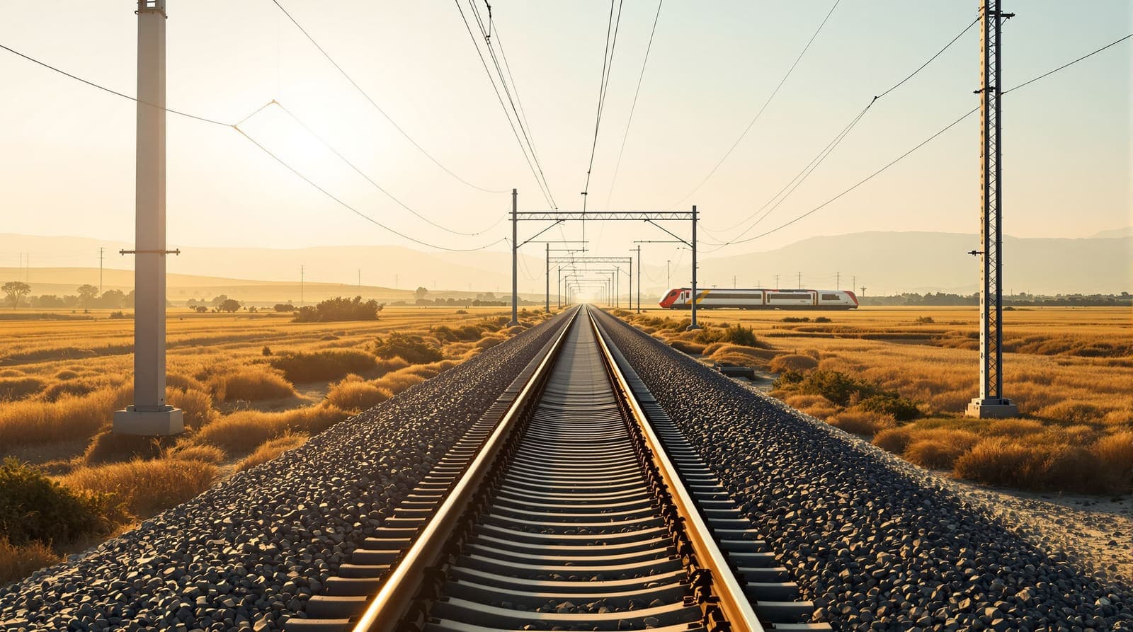 Illustration of an electrified rail line with catenary masts crossing Negev farmland, a red and silver train passing side-on far in the distance.