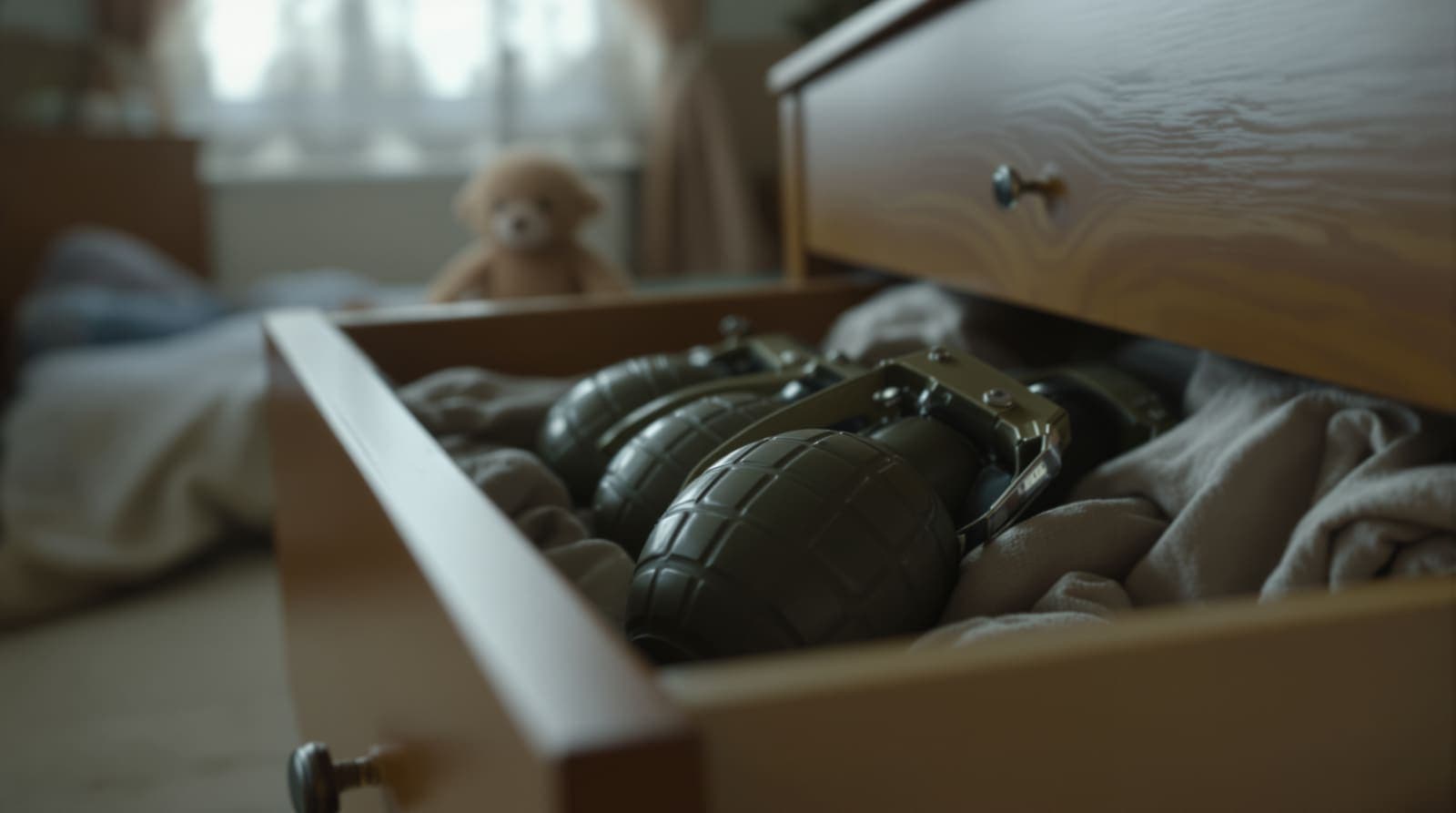 Illustration of fragmentation grenades nestled among folded clothes in an open bedroom dresser drawer, with a blurred stuffed toy behind.