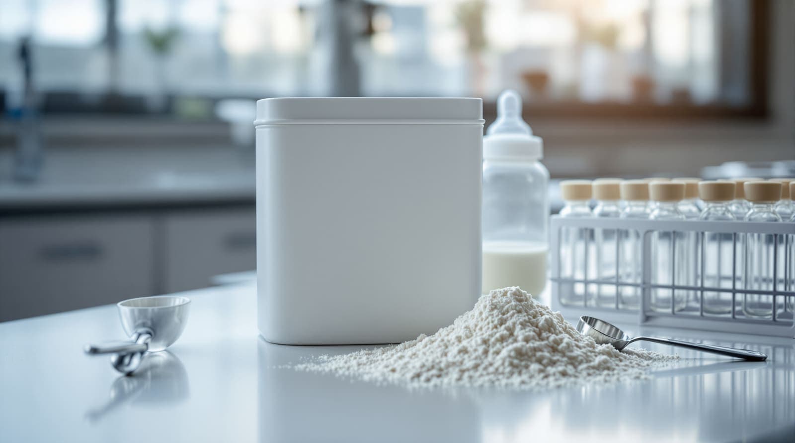 Illustration of a plain white infant formula canister, milk powder, a baby bottle and laboratory test vials on a bench.