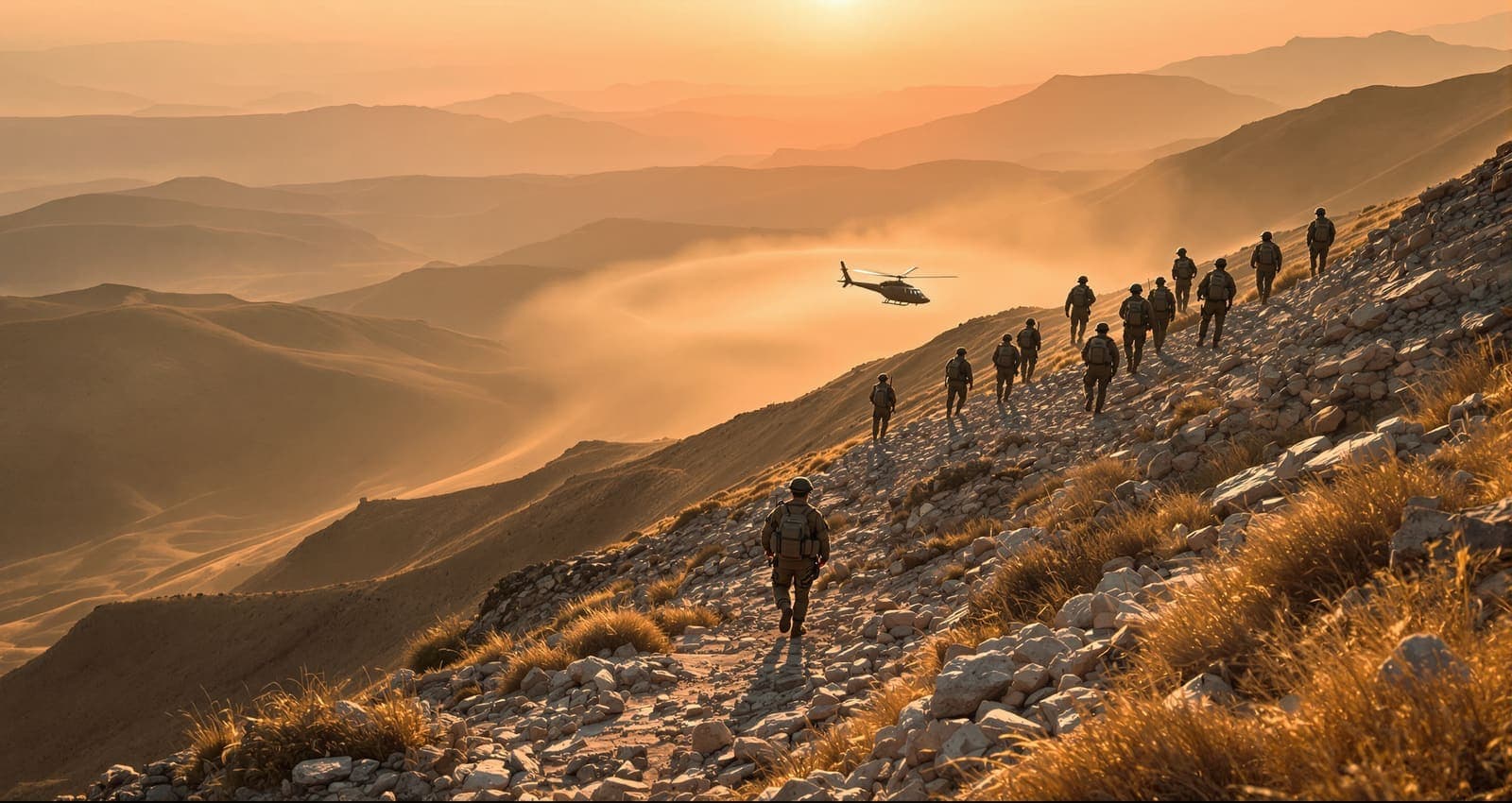 Illustration of soldiers walking away across a sunlit rocky ridge at dawn, a helicopter half-hidden in its own dust cloud behind them.