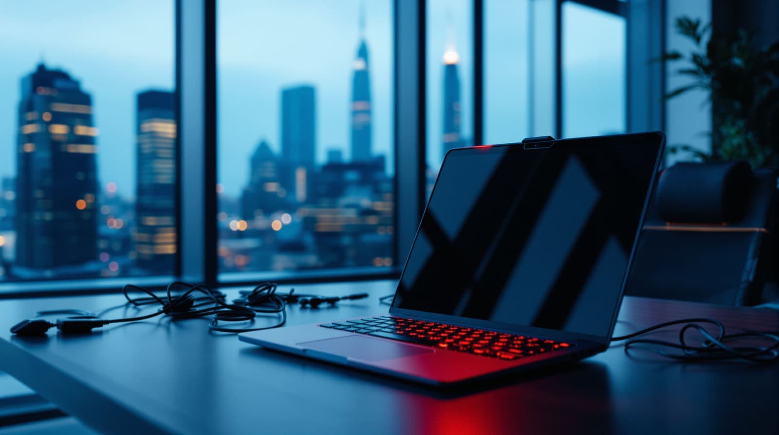 Illustration of a laptop with a dark, dead screen and glowing red webcam light on a desk in a dusk-lit startup office.