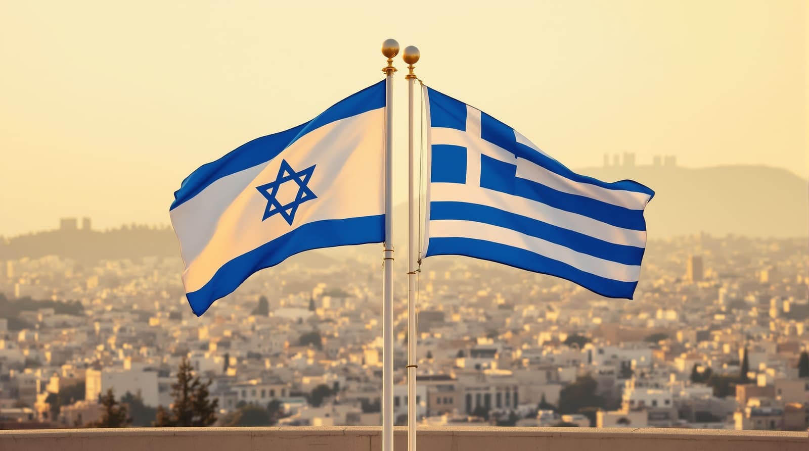 Illustration of the Israeli and Greek flags flying side by side above a distant hazy Athens skyline at golden hour.
