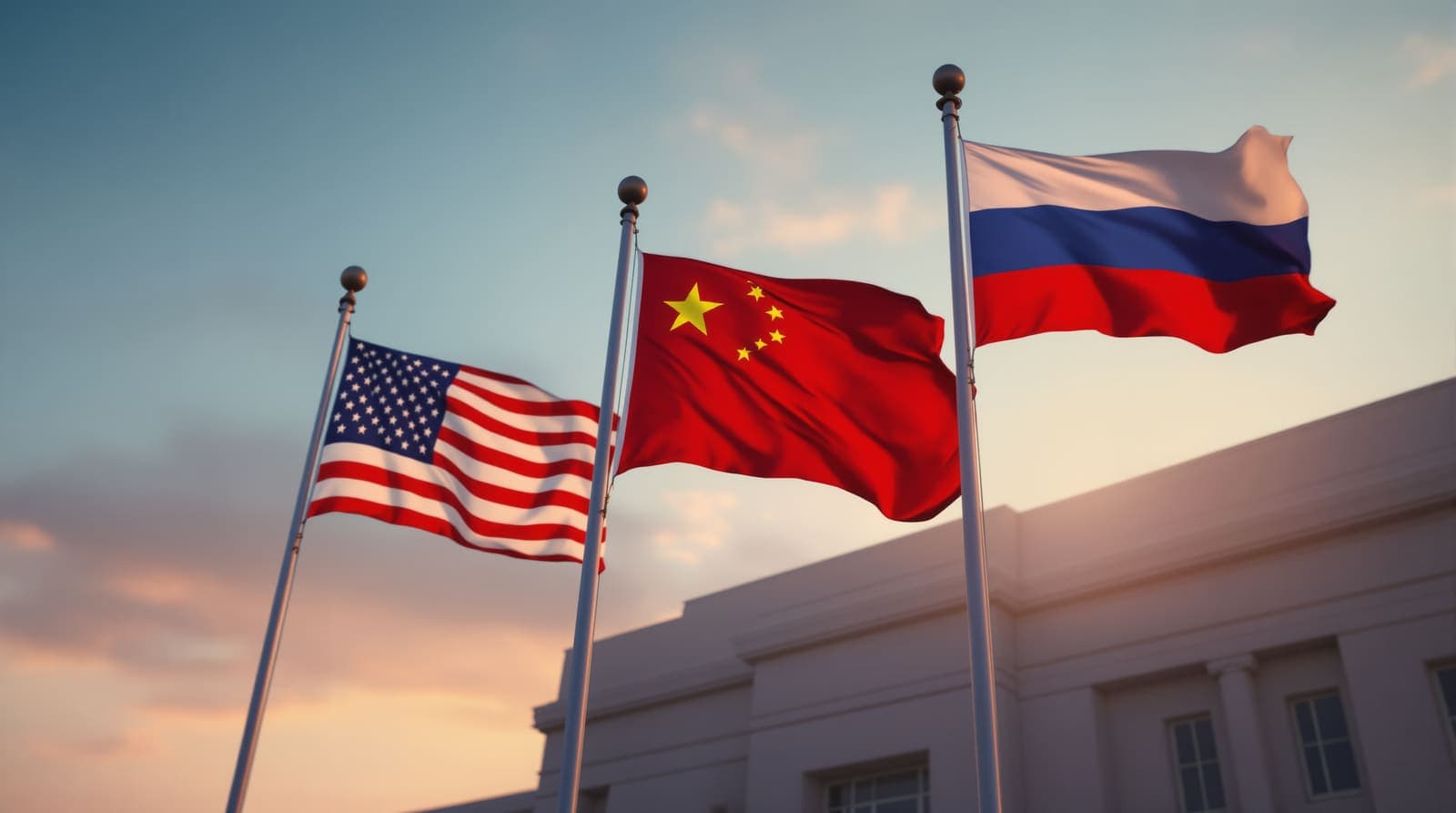 Illustration of the American, Chinese and Russian flags flying side by side on flagpoles at dusk, evoking talks among the three powers over arming Iran.