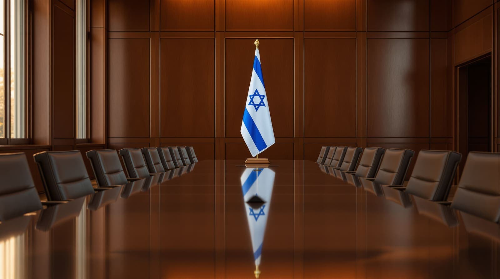 Illustration of an empty wood-panelled conference hall with a single Israeli flag standing behind the head of the table, representing the government's meeting with the visiting Patriots delegation.