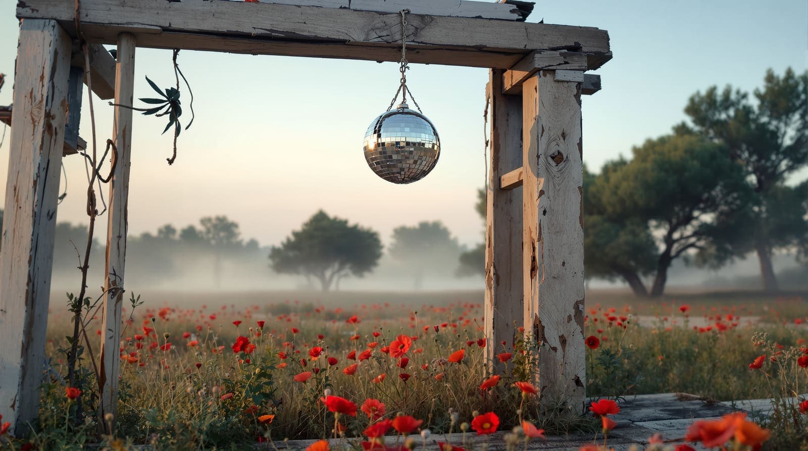 Illustration of a small mirror ball hanging from a weathered stage beam above a field of red anemones at dawn.