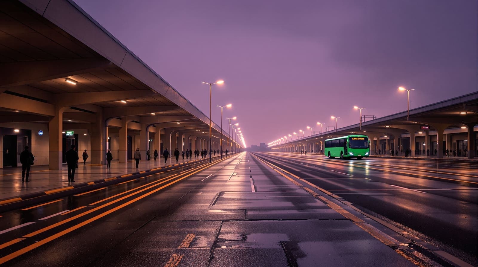 Illustration of a nearly empty bus terminal at dusk with vacant bays, tyre marks on wet asphalt and a single distant bus in side profile, representing reduced emergency bus service.