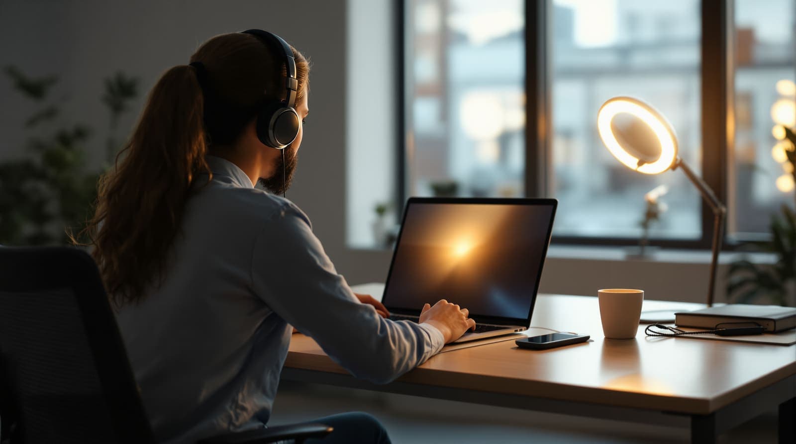 Illustration of a job candidate seen from behind at a desk, facing a laptop with a webcam ring light during a video interview.