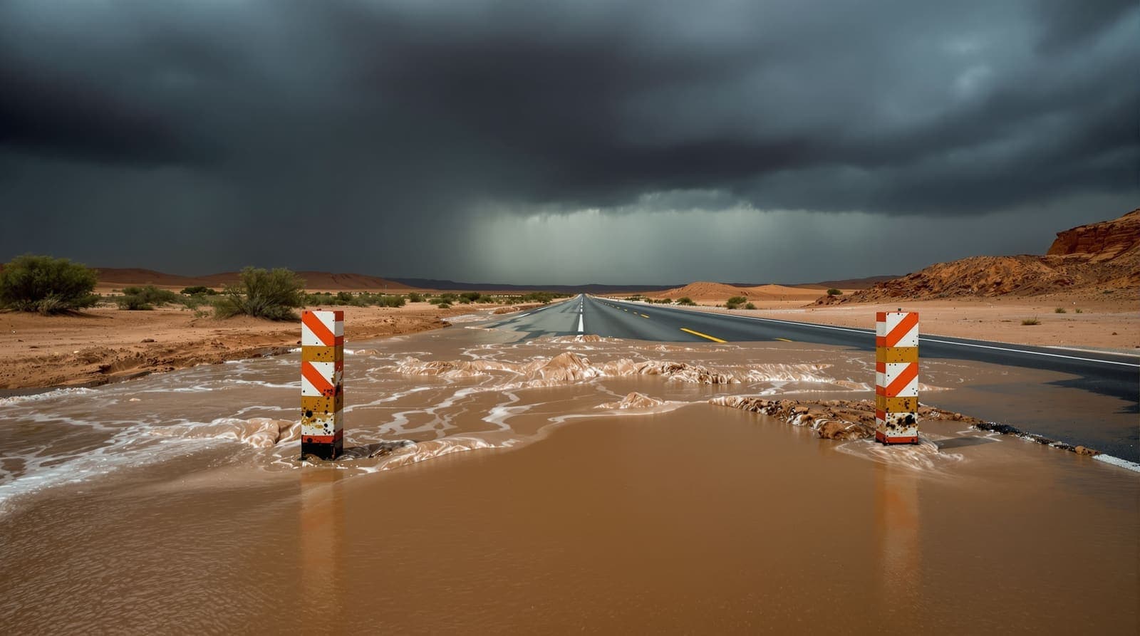 Illustration of floodwater surging across a closed desert highway behind striped barriers under towering storm clouds.