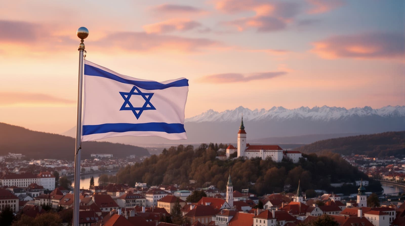 Illustration of an Israeli flag flying above the rooftops of Ljubljana, with the hilltop castle and distant Alps at dusk.