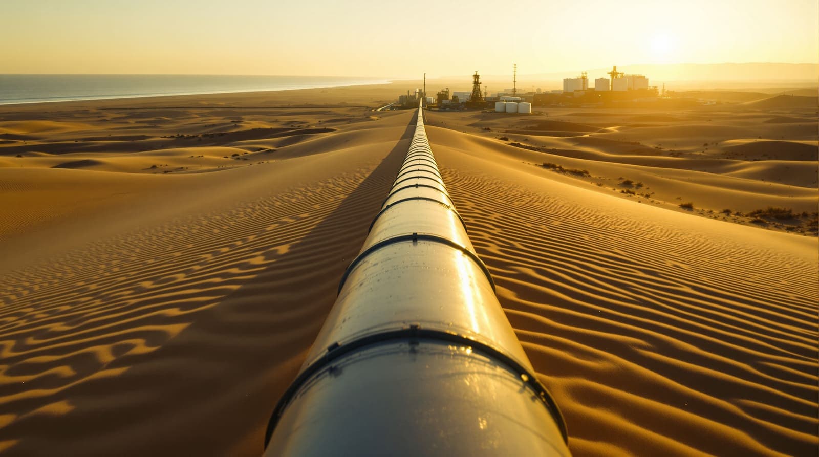 Illustration of a crude-oil pipeline crossing desert sand toward distant coastal storage tanks, representing a proposed Saudi link to the Eilat-Ashkelon line.