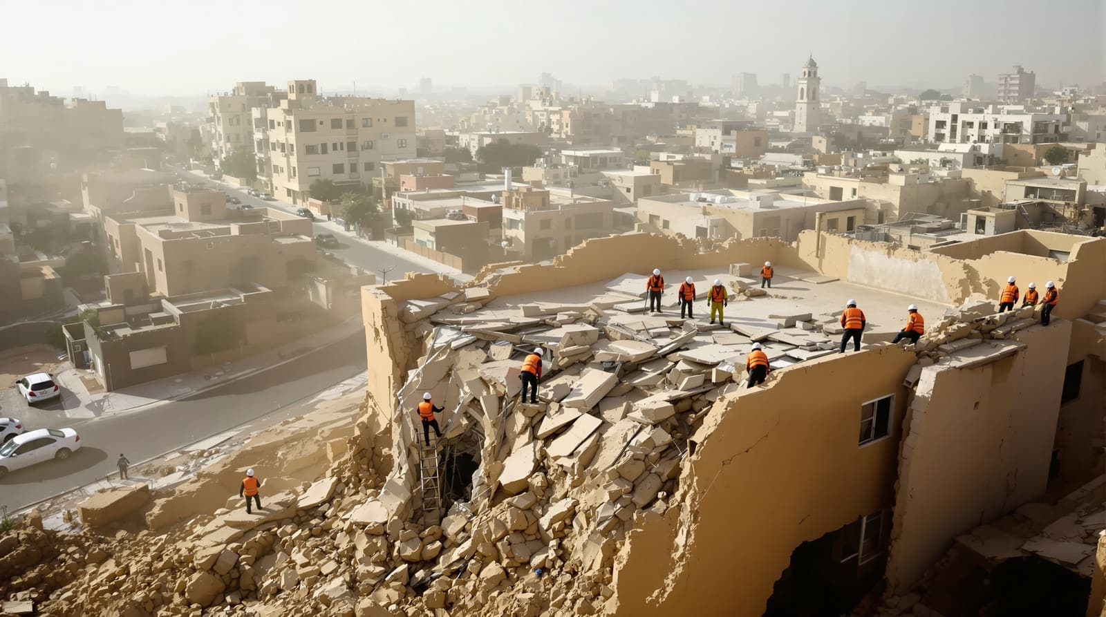 Illustration of rescue crews searching the rubble of one damaged building in an otherwise quiet desert town at dawn.